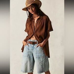 Free People Float Away Button Down Cotton Shirt Neutral Beachy Oversized Blouse